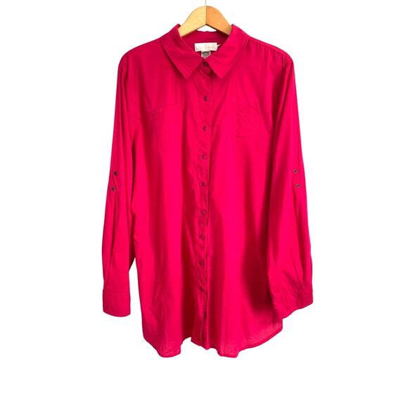 Soft Surroundings pink cotton collared shirt snaps roll tab sleeves pockets 1X - Picture 1 of 7